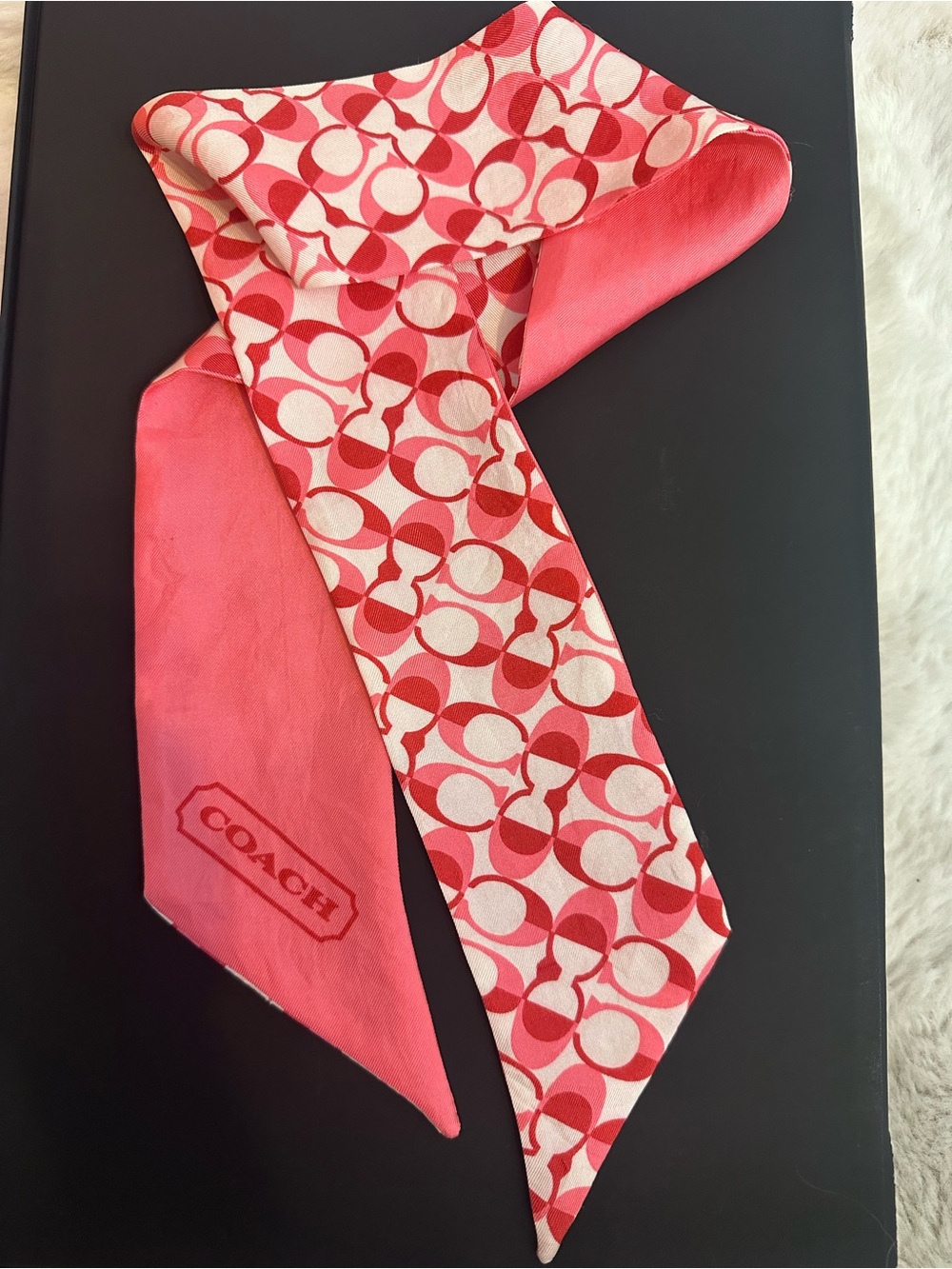 Coach Coral and Red Signature Silk Skinny Scarf